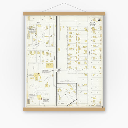 Old map wall art mockup — magnetic wood frame on white wall — Sanborn Fire Insurance Map from Markle, Huntington County, Indiana (1907), Sheet #0002