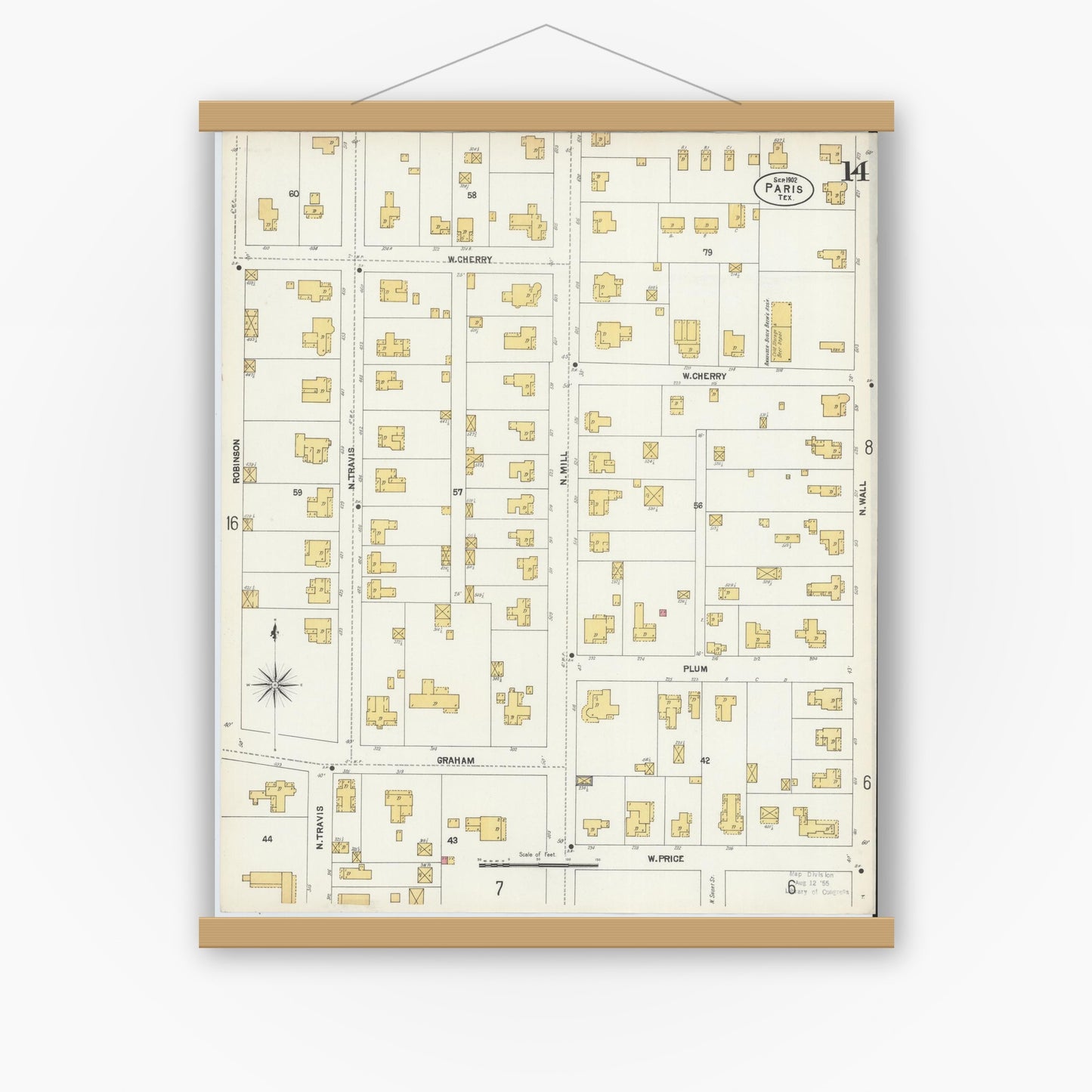 Old map wall art mockup — magnetic wood frame on white wall — Sanborn Fire Insurance Map from Paris, Lamar County, Texas (1902), Sheet #0014
