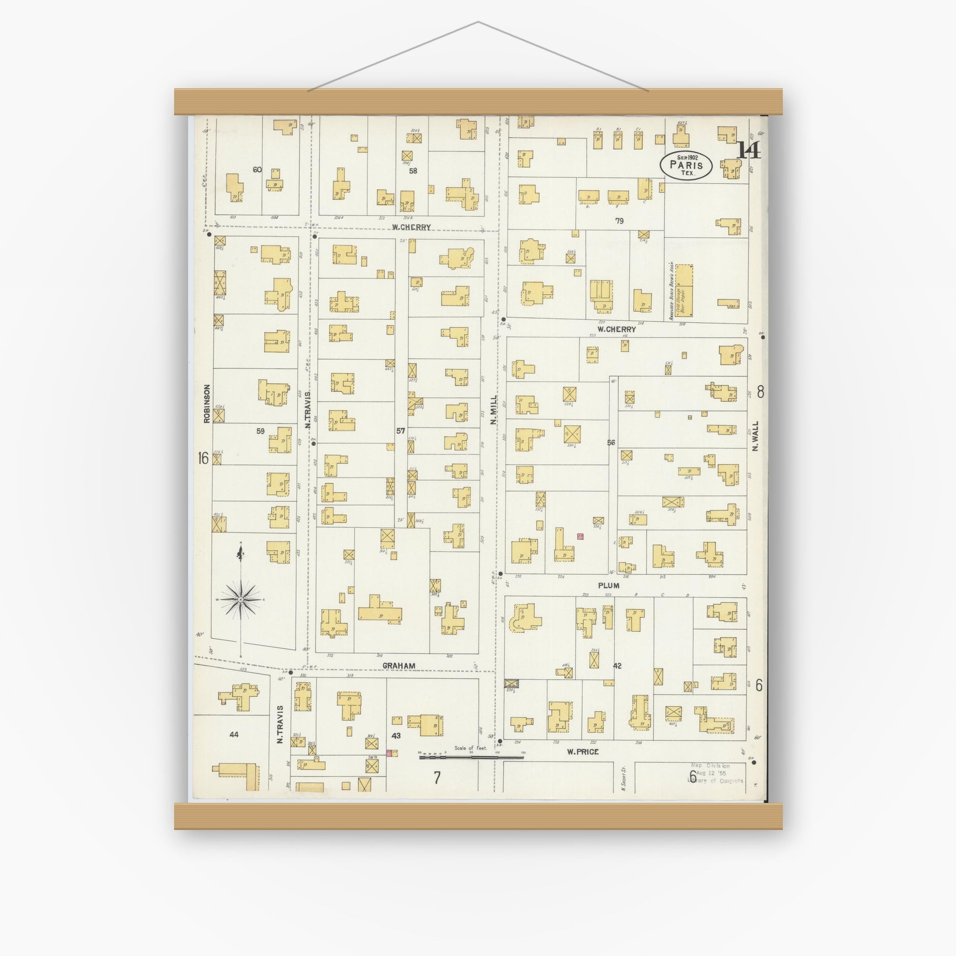 Old map wall art mockup — magnetic wood frame on white wall — Sanborn Fire Insurance Map from Paris, Lamar County, Texas (1902), Sheet #0014