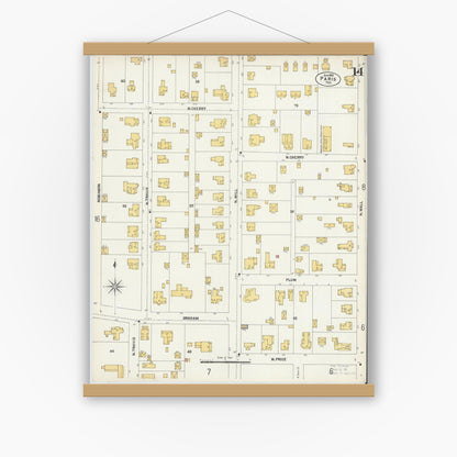 Old map wall art mockup — magnetic wood frame on white wall — Sanborn Fire Insurance Map from Paris, Lamar County, Texas (1902), Sheet #0014