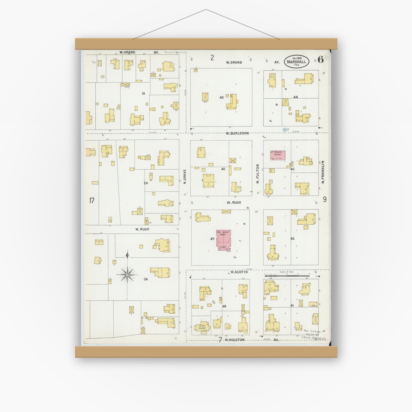 Old map wall art mockup — magnetic wood frame on white wall — Sanborn Fire Insurance Map from Marshall, Harrison County, Texas (1899), Sheet #0006