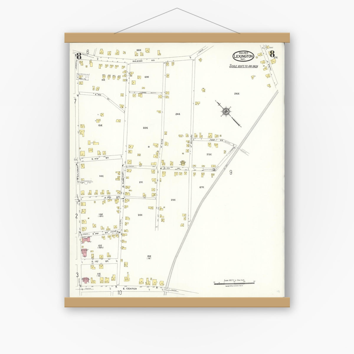 Old map wall art mockup — magnetic wood frame on white wall — Sanborn Fire Insurance Map from Lexington, Davidson County, North Carolina (1923), Sheet #0008