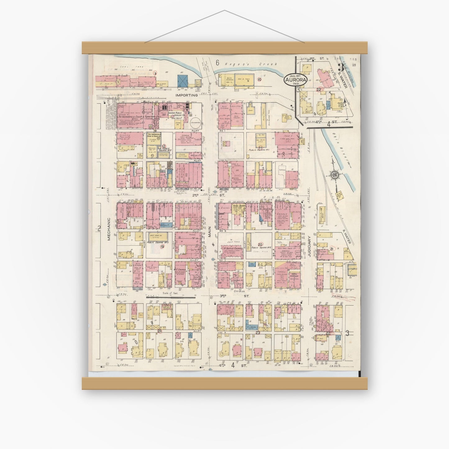 Old map wall art mockup — magnetic wood frame on white wall — Sanborn Fire Insurance Map from Aurora, Dearborn County, Indiana (1935), Sheet #0003