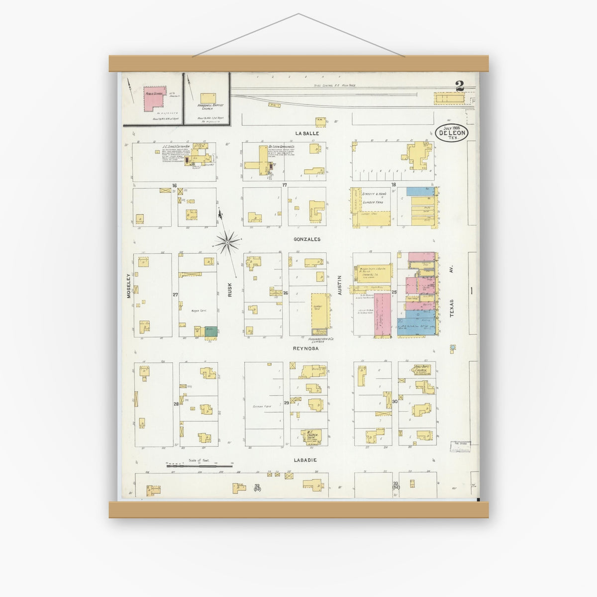 Old map wall art mockup — magnetic wood frame on white wall — Sanborn Fire Insurance Map from De Leon, Comanche County, Texas (1905), Sheet #0002