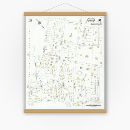 Old map wall art mockup — magnetic wood frame on white wall — Sanborn Fire Insurance Map from Ridgewood, Bergen County, New Jersey (1928), Sheet #0016
