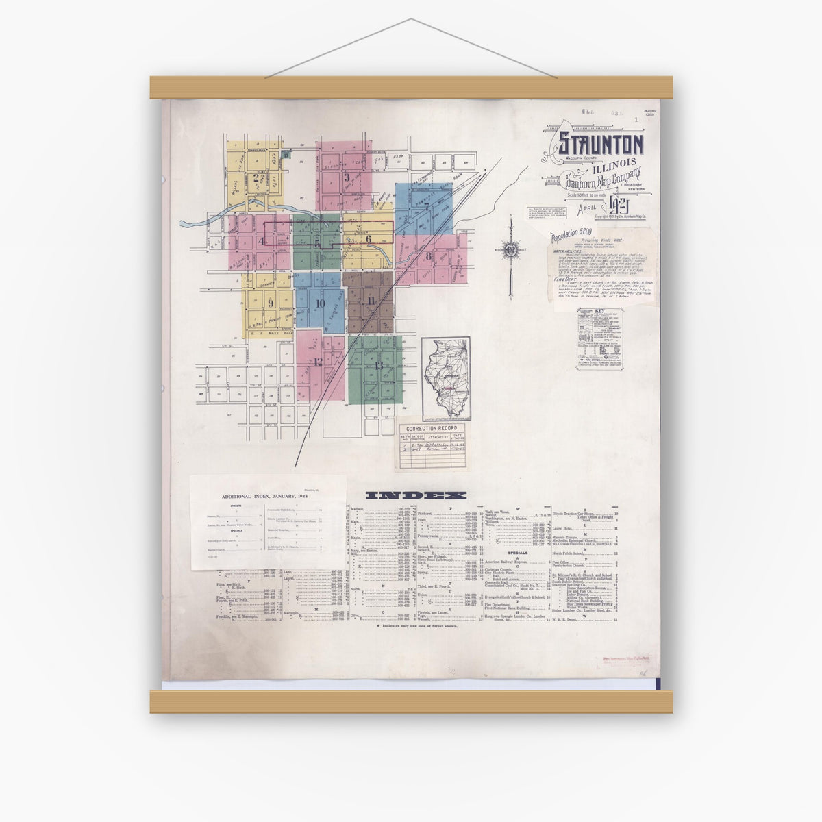 Old map wall art mockup — magnetic wood frame on white wall — Sanborn Fire Insurance Map from Staunton, Macoupin County, Illinois (1948), Sheet #0001