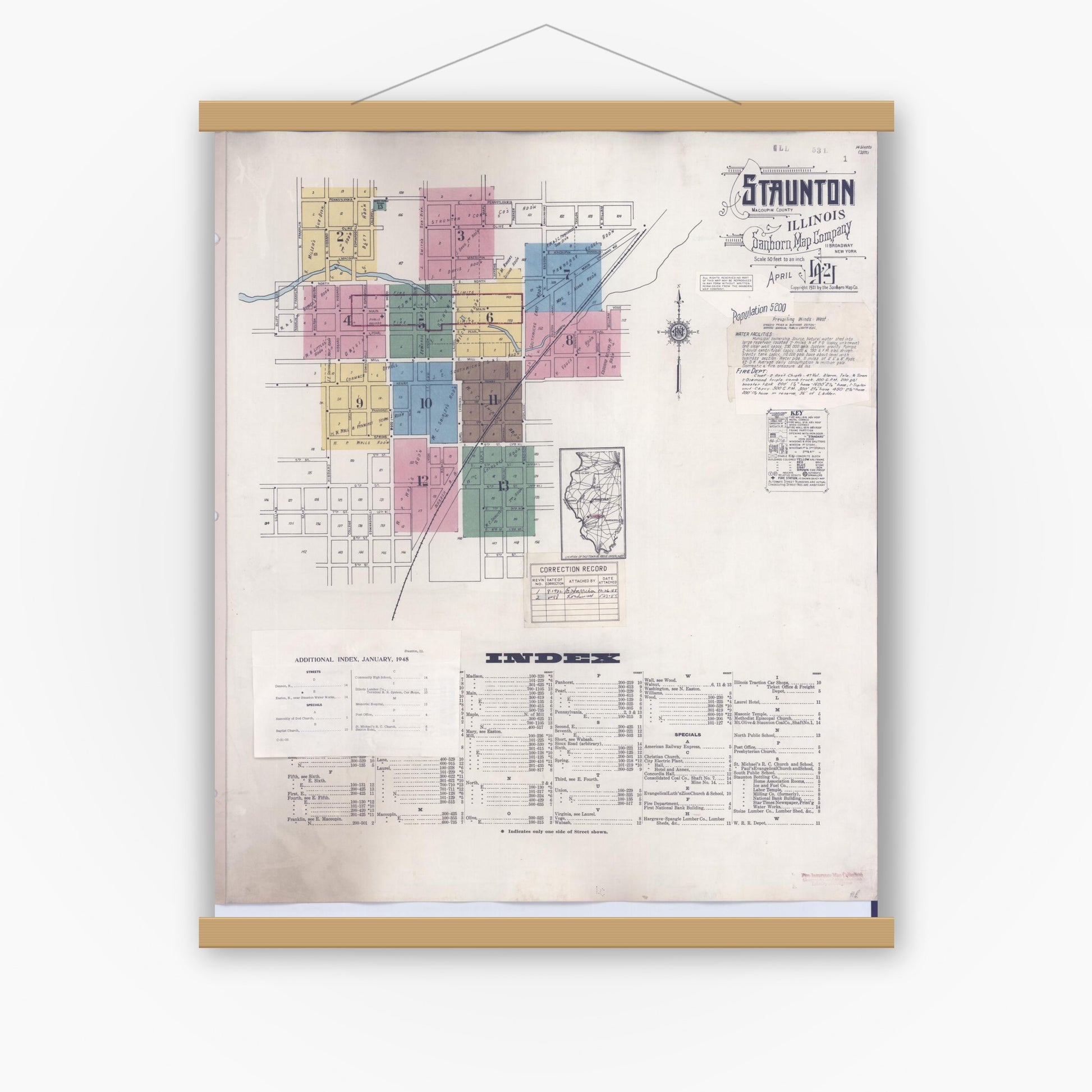 Old map wall art mockup — magnetic wood frame on white wall — Sanborn Fire Insurance Map from Staunton, Macoupin County, Illinois (1948), Sheet #0001