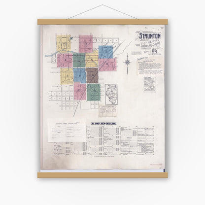 Old map wall art mockup — magnetic wood frame on white wall — Sanborn Fire Insurance Map from Staunton, Macoupin County, Illinois (1948), Sheet #0001