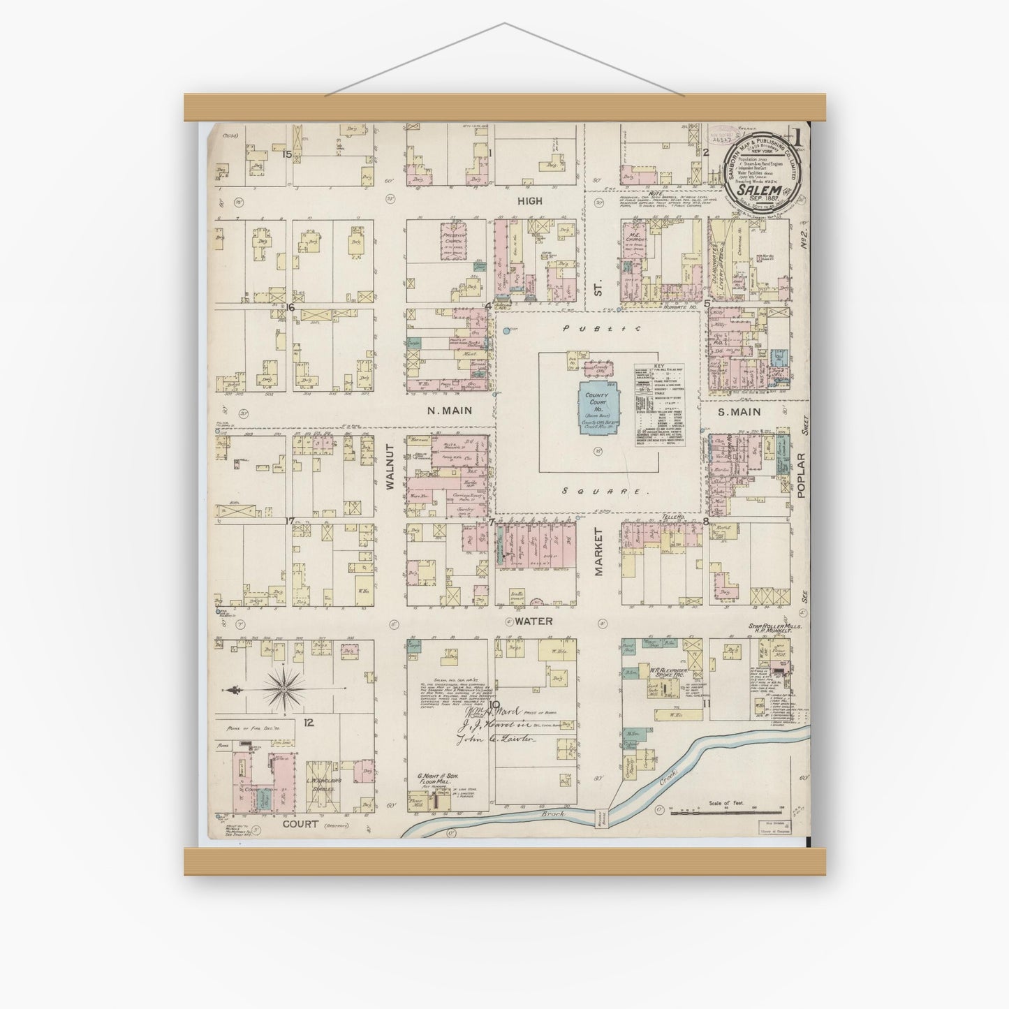 Old map wall art mockup — magnetic wood frame on white wall — Sanborn Fire Insurance Map from Salem, Washington County, Indiana (1887) - Complete Map Set