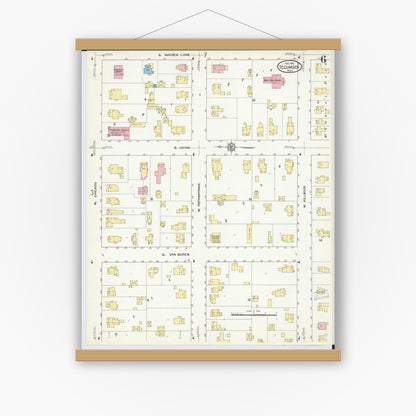 Old map wall art mockup — magnetic wood frame on white wall — Sanborn Fire Insurance Map from Tecumseh, Lenawee County, Michigan (1912), Sheet #0006