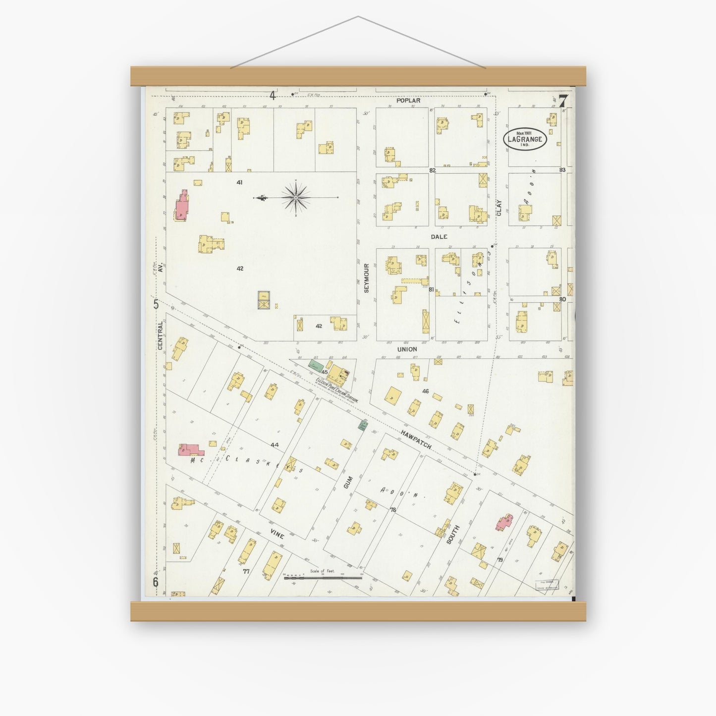 Old map wall art mockup — magnetic wood frame on white wall — Sanborn Fire Insurance Map from Lagrange, LaGrange County, Indiana (1901), Sheet #0007