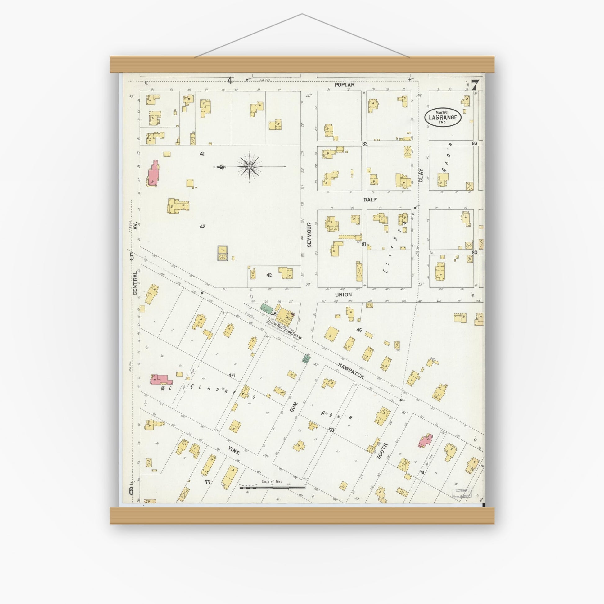 Old map wall art mockup — magnetic wood frame on white wall — Sanborn Fire Insurance Map from Lagrange, LaGrange County, Indiana (1901), Sheet #0007