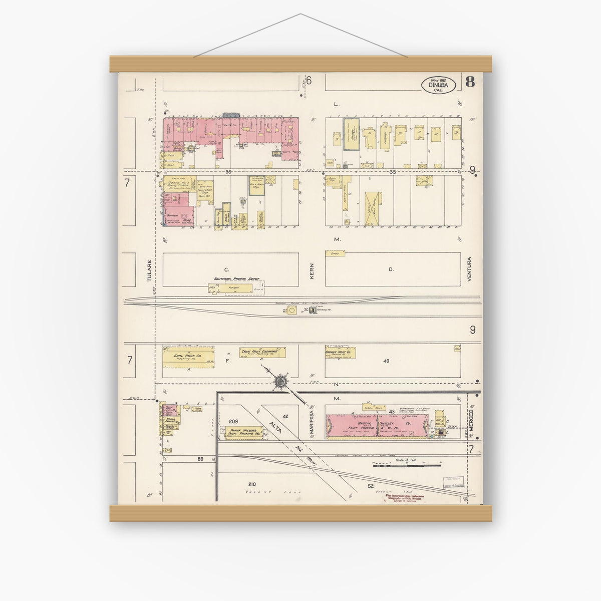 Old map wall art mockup — magnetic wood frame on white wall — Sanborn Fire Insurance Map from Dinuba, Tulare County, California (1912), Sheet #0008