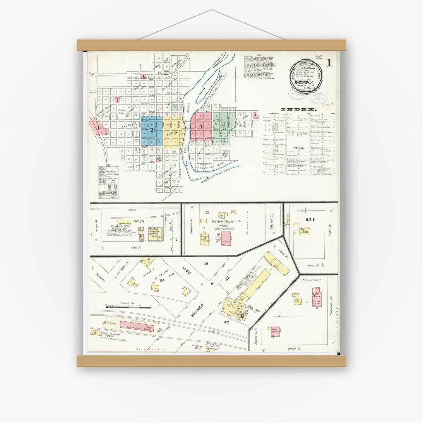 Old map wall art mockup — magnetic wood frame on white wall — Sanborn Fire Insurance Map from Waverly, Bremer County, Iowa (1897) â€” Complete Set