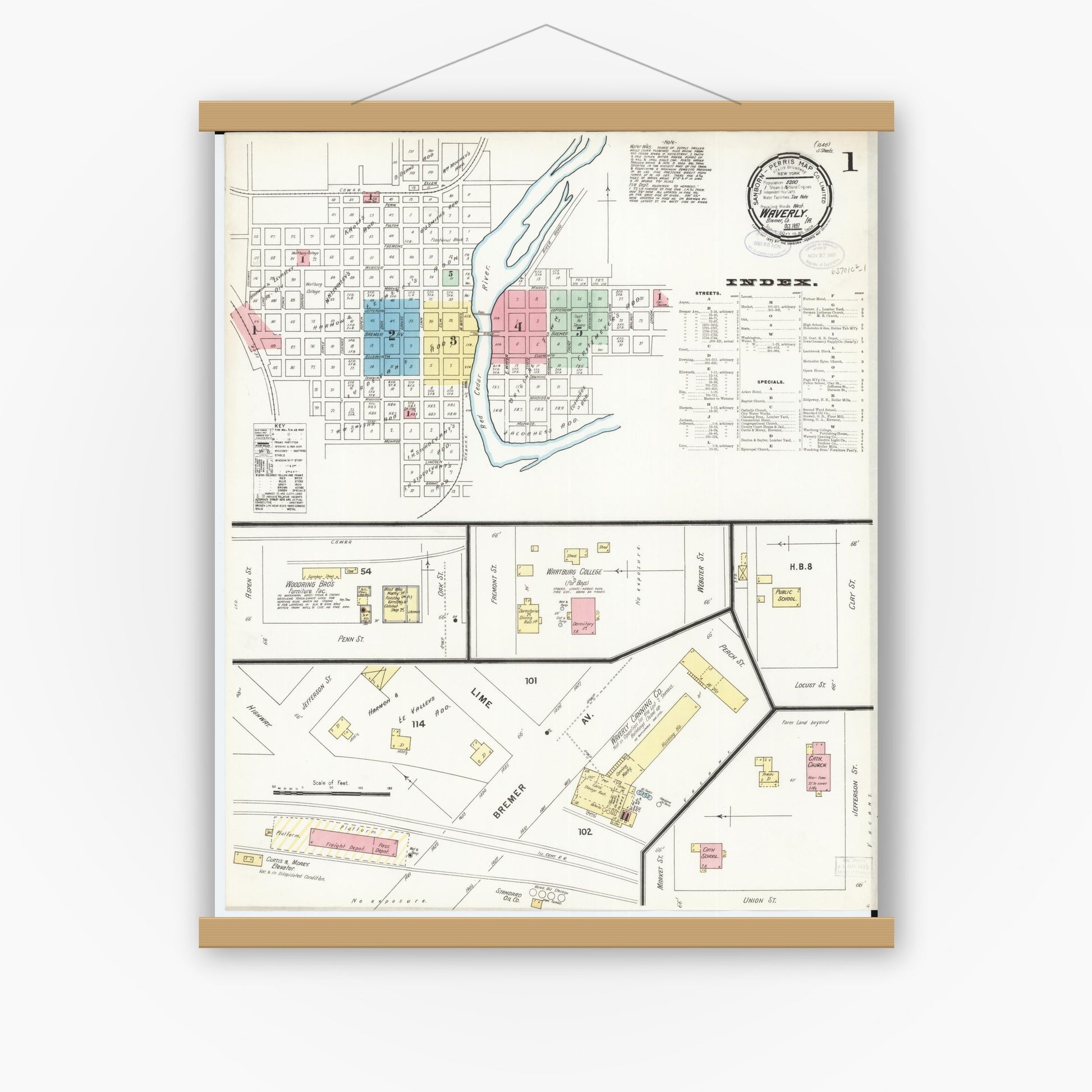 Old map wall art mockup — magnetic wood frame on white wall — Sanborn Fire Insurance Map from Waverly, Bremer County, Iowa (1897) â€” Complete Set