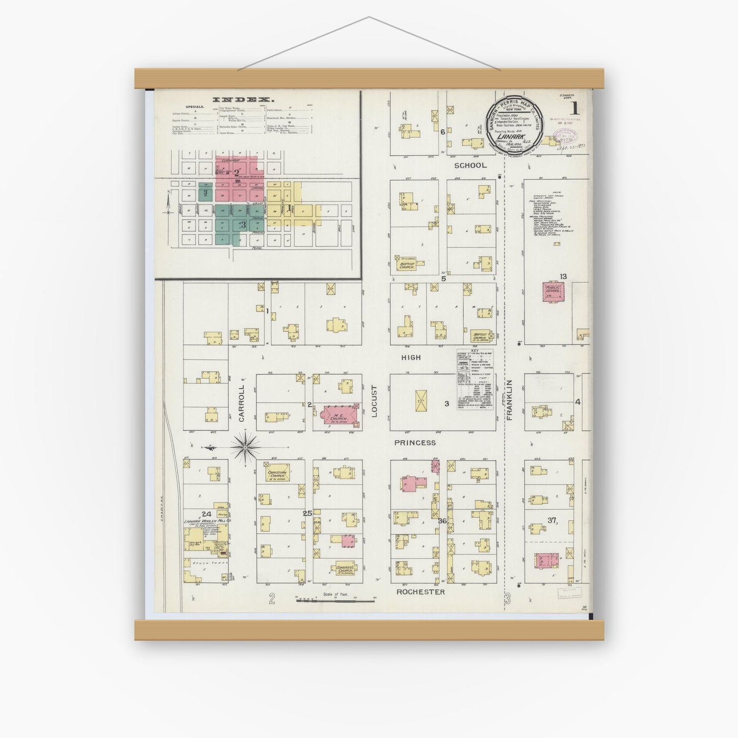 Old map wall art mockup — magnetic wood frame on white wall — Sanborn Fire Insurance Map from Lanark, Carroll County, Illinois (1893), Sheet #0001