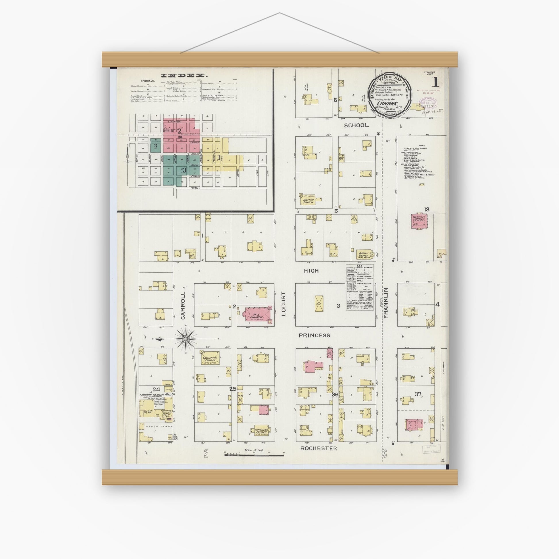 Old map wall art mockup — magnetic wood frame on white wall — Sanborn Fire Insurance Map from Lanark, Carroll County, Illinois (1893), Sheet #0001