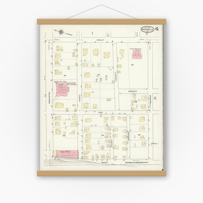 Old map wall art mockup — magnetic wood frame on white wall — Sanborn Fire Insurance Map from Greenville, Hunt County, Texas (1914), Sheet #0006