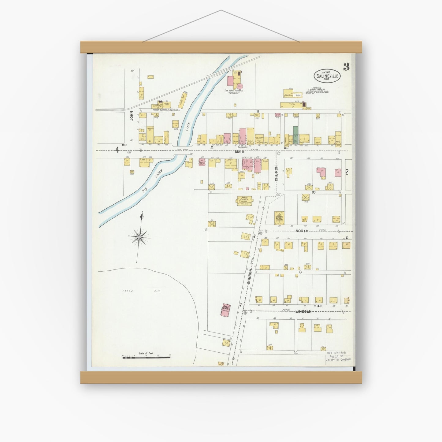 Old map wall art mockup — magnetic wood frame on white wall — Sanborn Fire Insurance Map from Salineville, Columbiana County, Ohio (1902), Sheet #0003