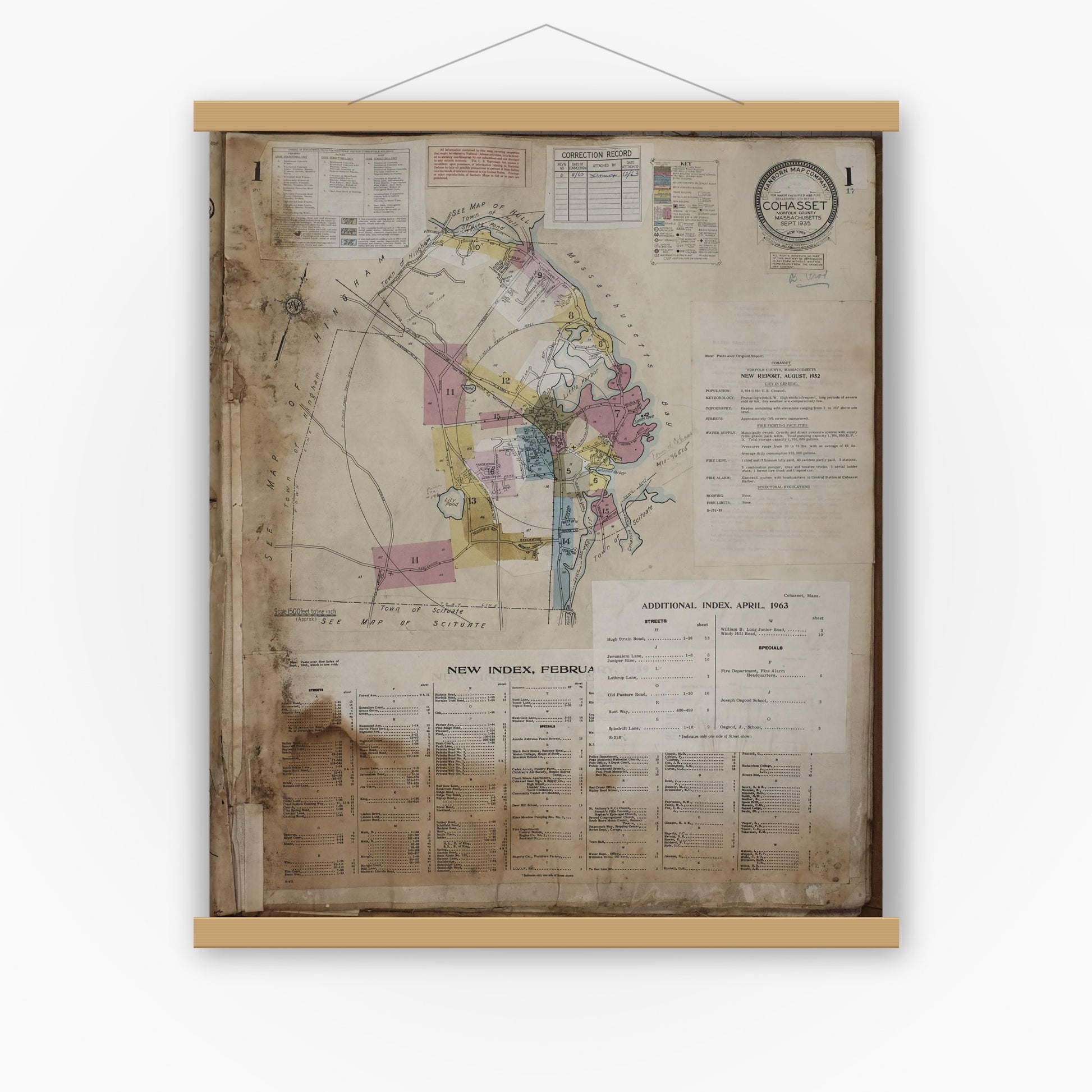 Old map wall art mockup — magnetic wood frame on white wall — Sanborn Fire Insurance Map from Cohasset, Norfolk County, Massachusetts (1963) - Complete Map Set