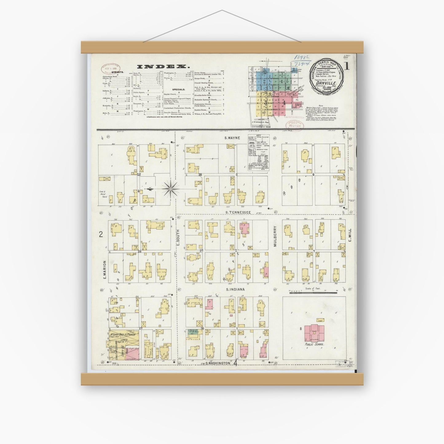 Old map wall art mockup — magnetic wood frame on white wall — Sanborn Fire Insurance Map from Danville, Hendricks County, Indiana (1898) - Complete Map Set