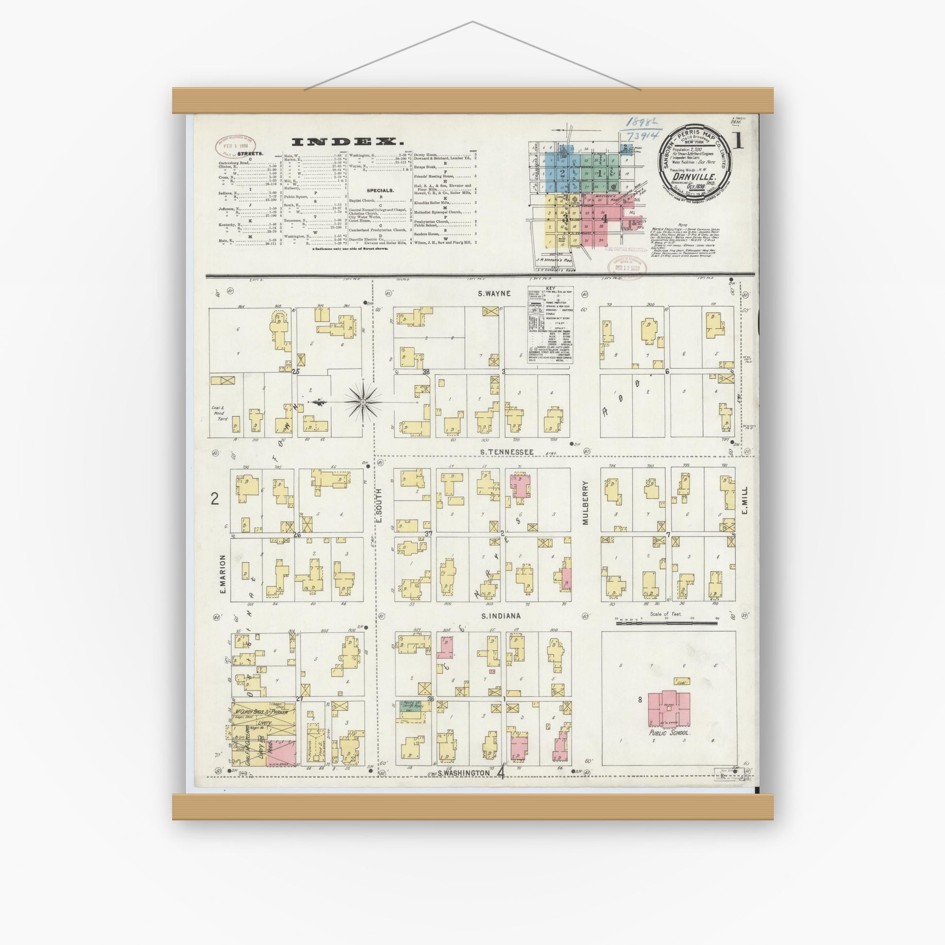 Old map wall art mockup — magnetic wood frame on white wall — Sanborn Fire Insurance Map from Danville, Hendricks County, Indiana (1898) - Complete Map Set