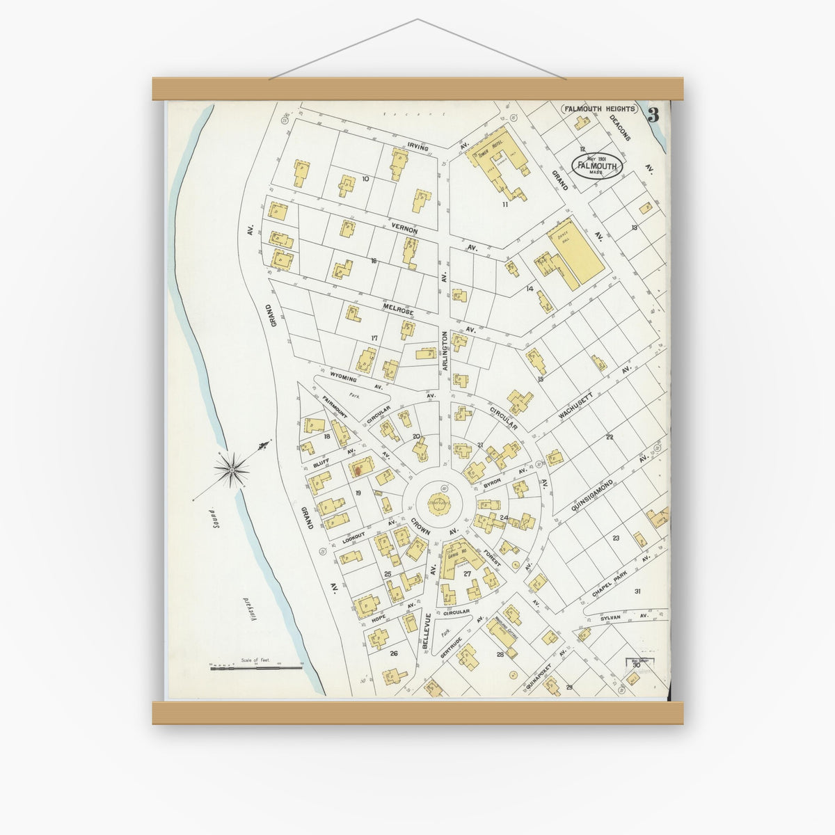 Old map wall art mockup — magnetic wood frame on white wall — Sanborn Fire Insurance Map from Falmouth, Barnstable County, Massachusetts (1901), Sheet #0003