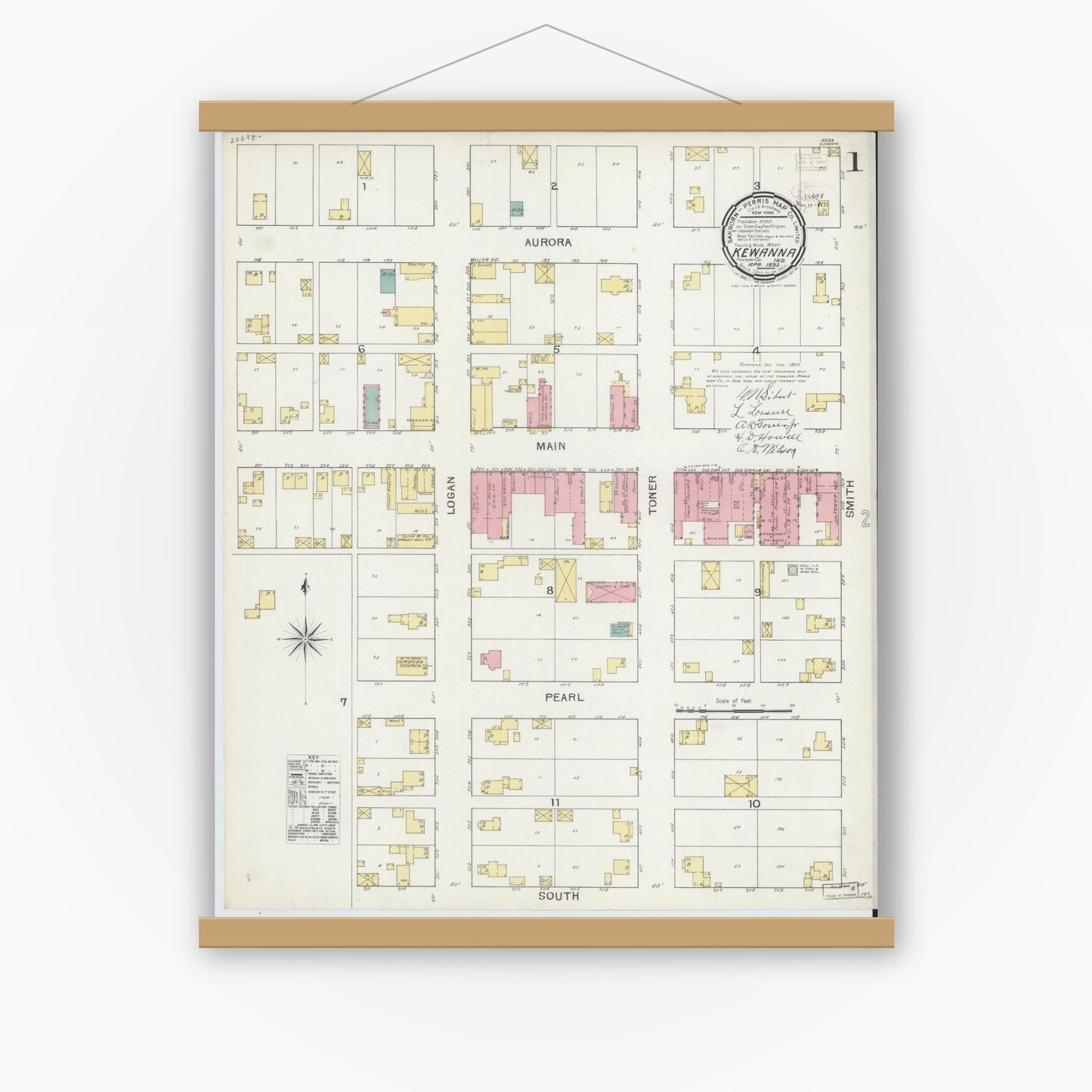 Old map wall art mockup — magnetic wood frame on white wall — Sanborn Fire Insurance Map from Kewanna, Fulton County, Indiana (1893) - Complete Map Set