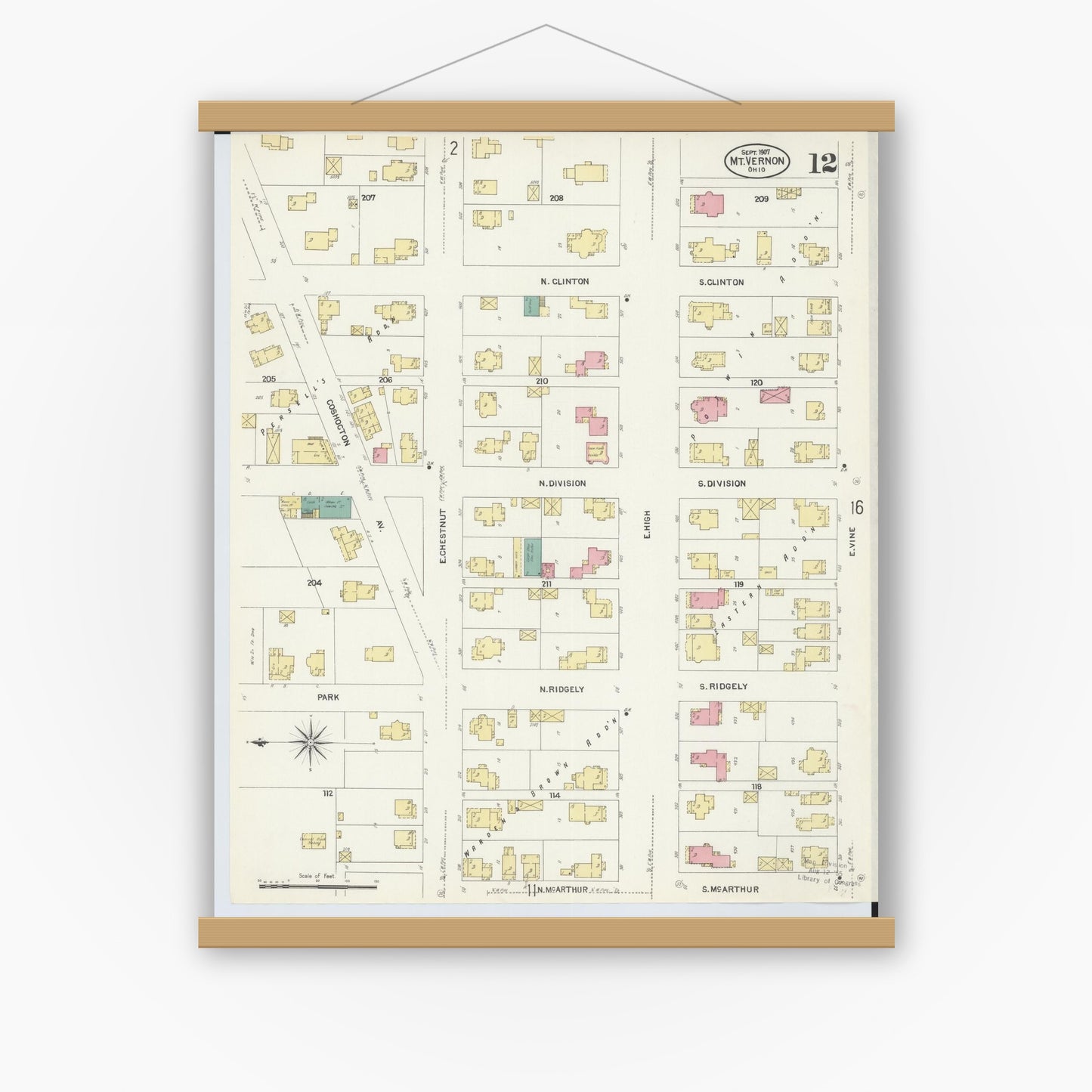 Old map wall art mockup — magnetic wood frame on white wall — Sanborn Fire Insurance Map from Mount Vernon, Knox County, Ohio (1907), Sheet #0012