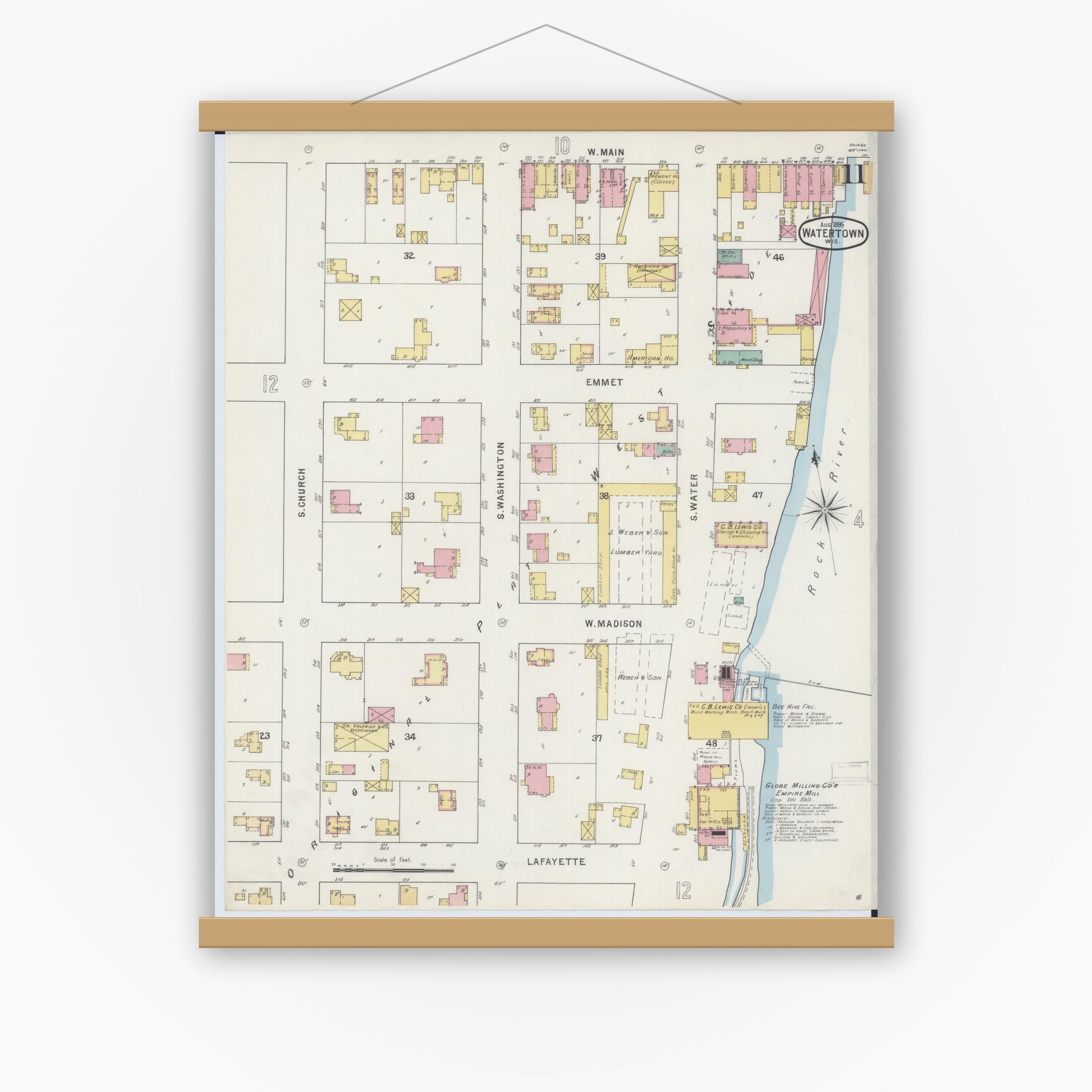 Old map wall art mockup — magnetic wood frame on white wall — Sanborn Fire Insurance Map from Watertown, Jefferson County, Wisconsin (1895), Sheet #0011