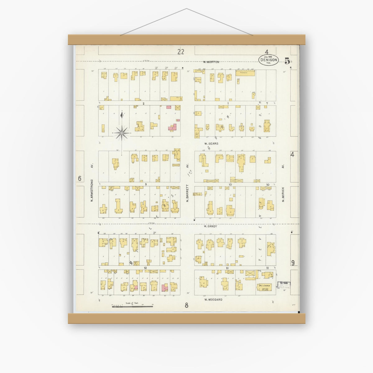Old map wall art mockup — magnetic wood frame on white wall — Sanborn Fire Insurance Map from Denison, Grayson County, Texas (1903), Sheet #0005