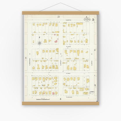 Old map wall art mockup — magnetic wood frame on white wall — Sanborn Fire Insurance Map from Denison, Grayson County, Texas (1903), Sheet #0005