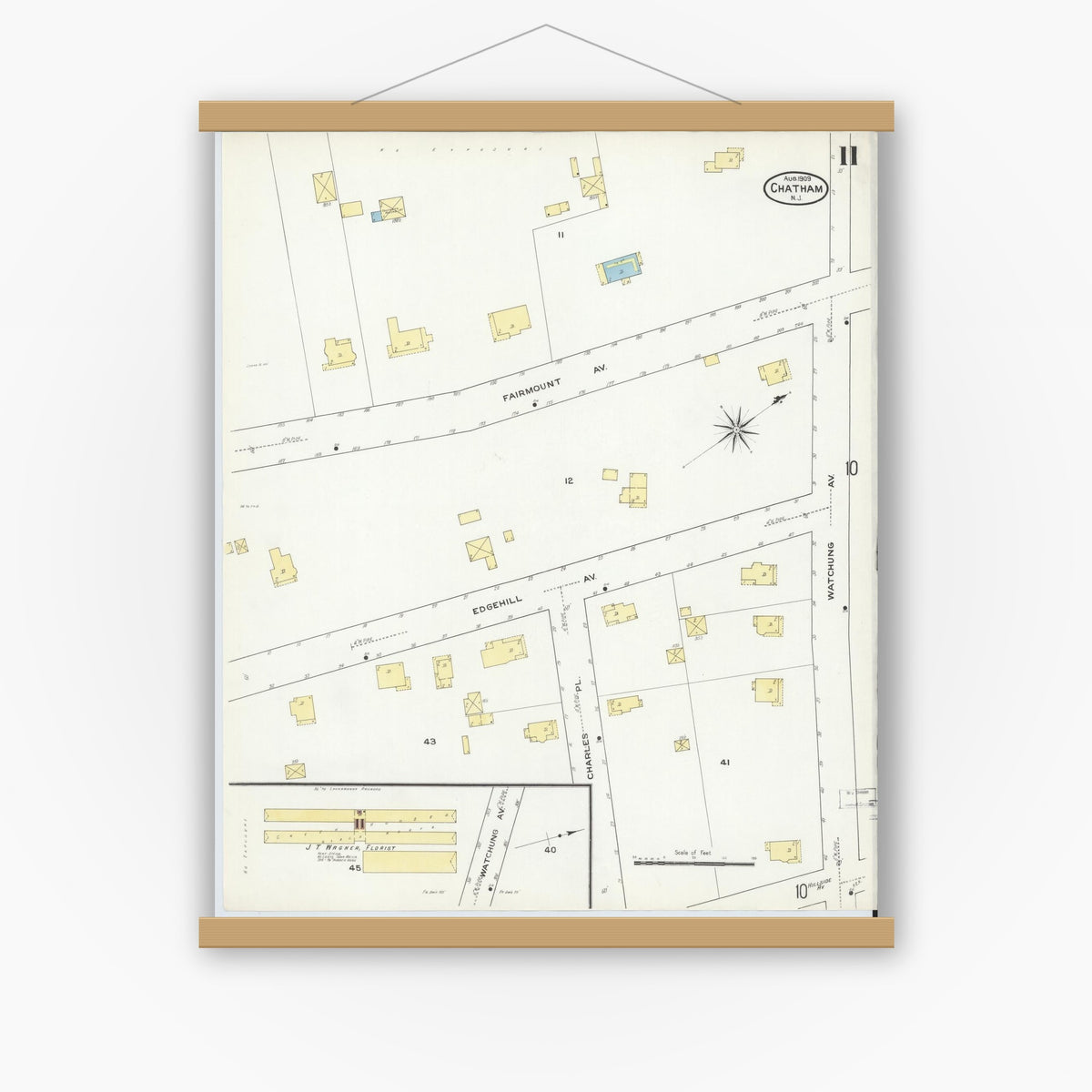 Old map wall art mockup — magnetic wood frame on white wall — Sanborn Fire Insurance Map from Chatham, Morris County, New Jersey (1909), Sheet #0011