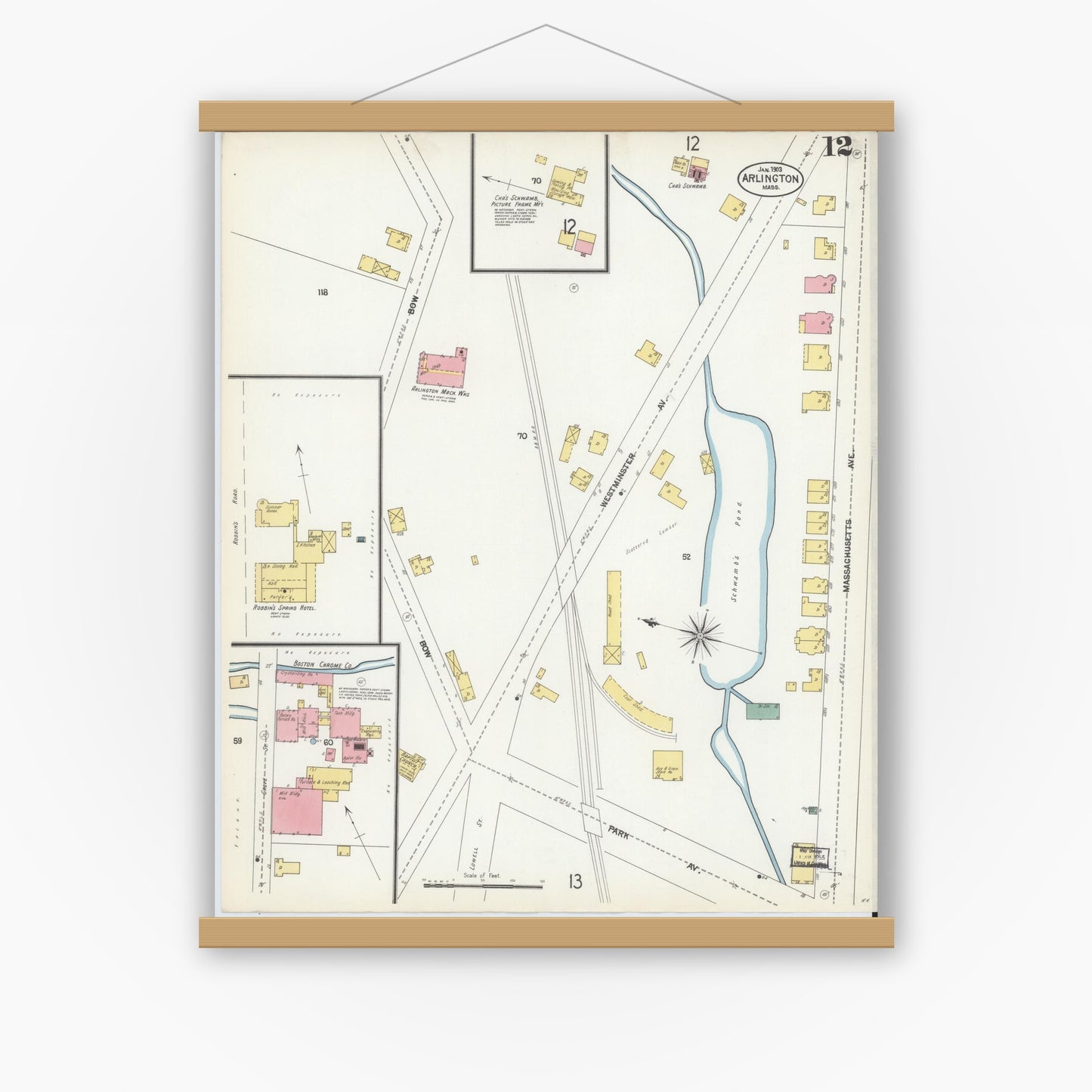 Old map wall art mockup — magnetic wood frame on white wall — Sanborn Fire Insurance Map from Arlington, Middlesex County, Massachusetts (1903), Sheet #0012