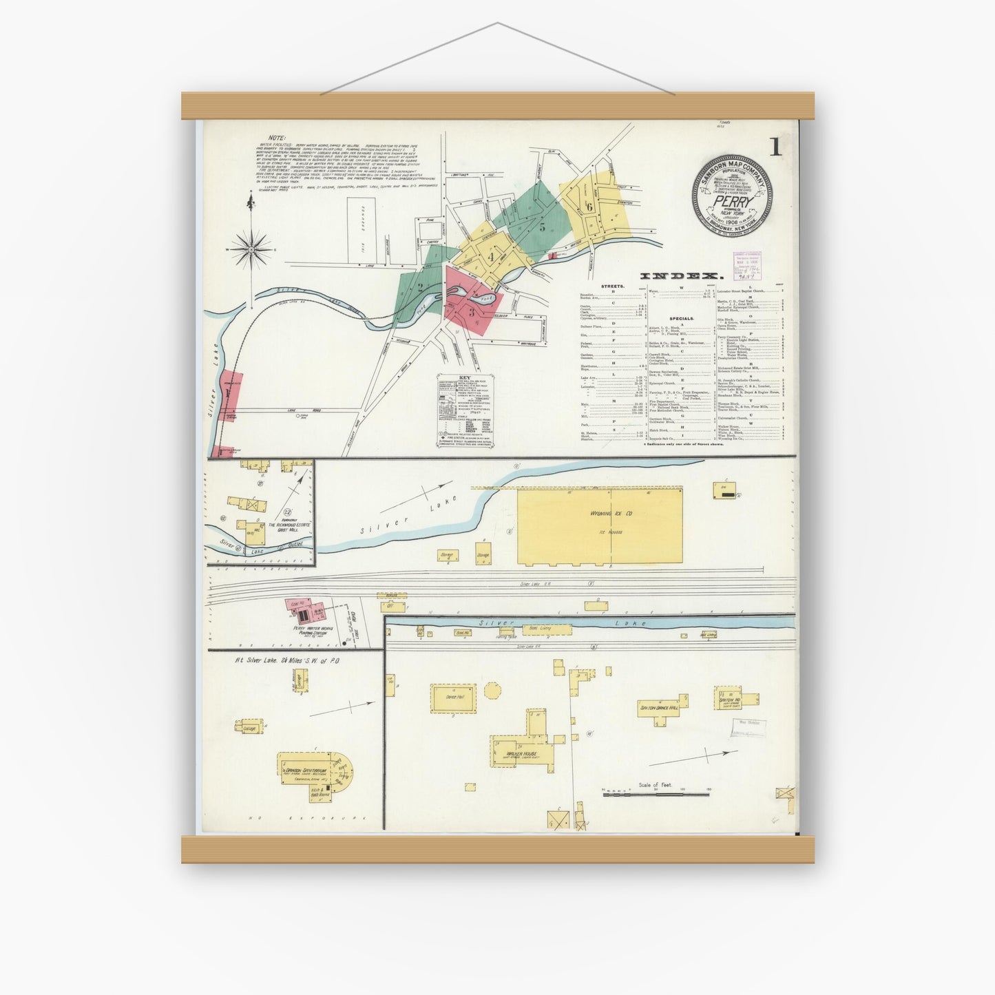 Old map wall art mockup — magnetic wood frame on white wall — Sanborn Fire Insurance Map from Perry, Wyoming County, New York (1906) - Complete Map Set