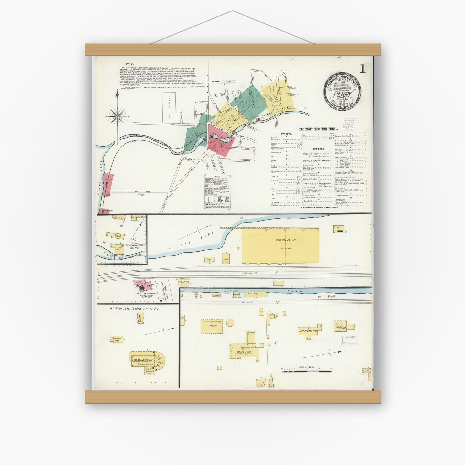Old map wall art mockup — magnetic wood frame on white wall — Sanborn Fire Insurance Map from Perry, Wyoming County, New York (1906) - Complete Map Set