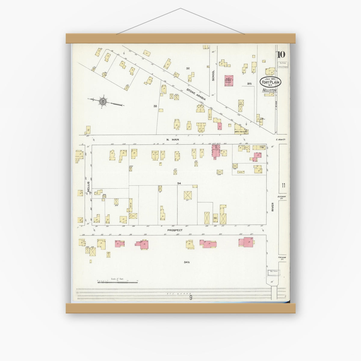 Old map wall art mockup — magnetic wood frame on white wall — Sanborn Fire Insurance Map from Fort Plain, Montgomery County, New York (1912), Sheet #0010