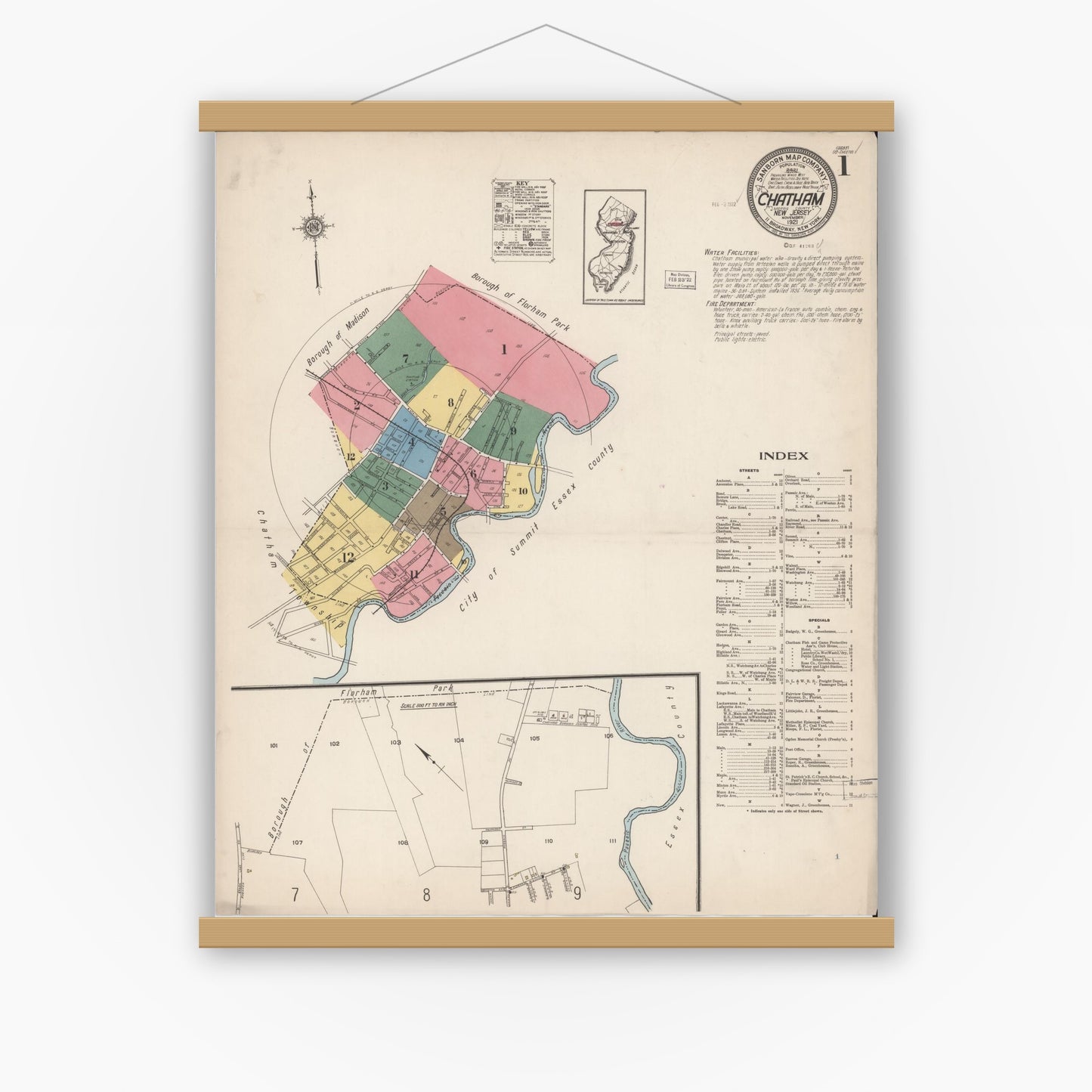 Old map wall art mockup — magnetic wood frame on white wall — Sanborn Fire Insurance Map from Chatham, Morris County, New Jersey (1921), Sheet #0001
