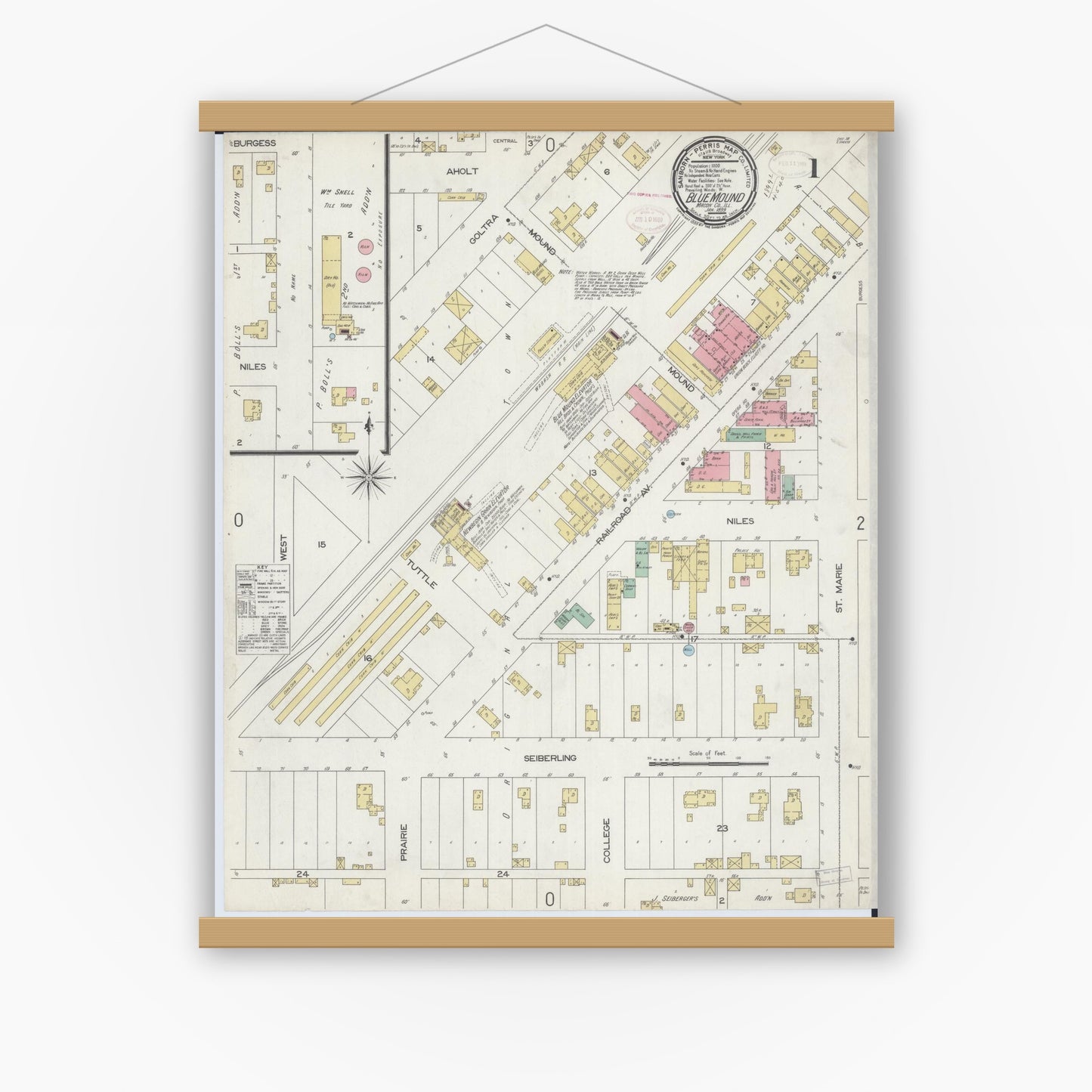 Old map wall art mockup — magnetic wood frame on white wall — Sanborn Fire Insurance Map from Blue Mound, Macon County, Illinois (1899) - Complete Map Set