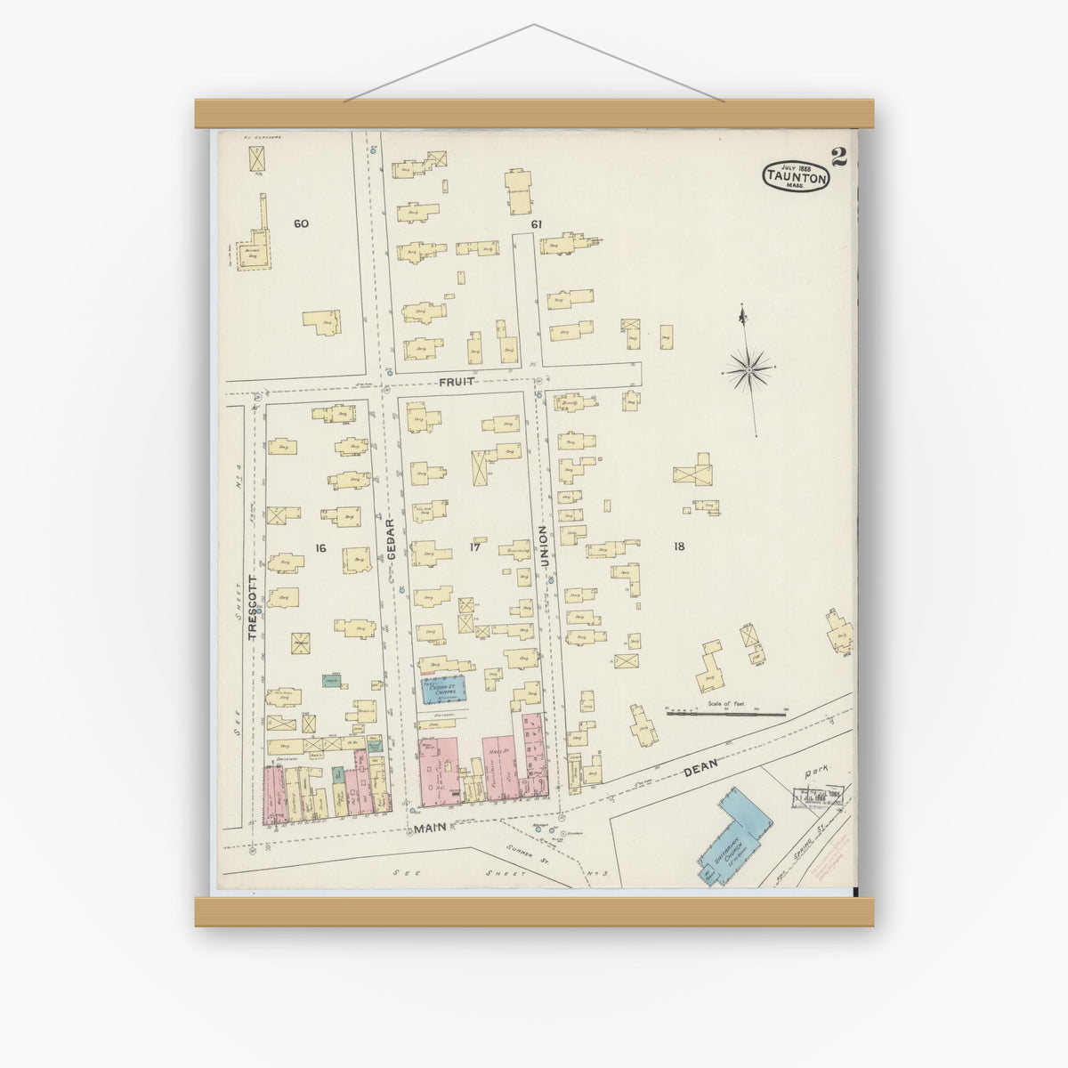 Old map wall art mockup — magnetic wood frame on white wall — Sanborn Fire Insurance Map from Taunton, Bristol County, Massachusetts (1888), Sheet #0002