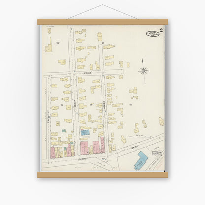 Old map wall art mockup — magnetic wood frame on white wall — Sanborn Fire Insurance Map from Taunton, Bristol County, Massachusetts (1888), Sheet #0002