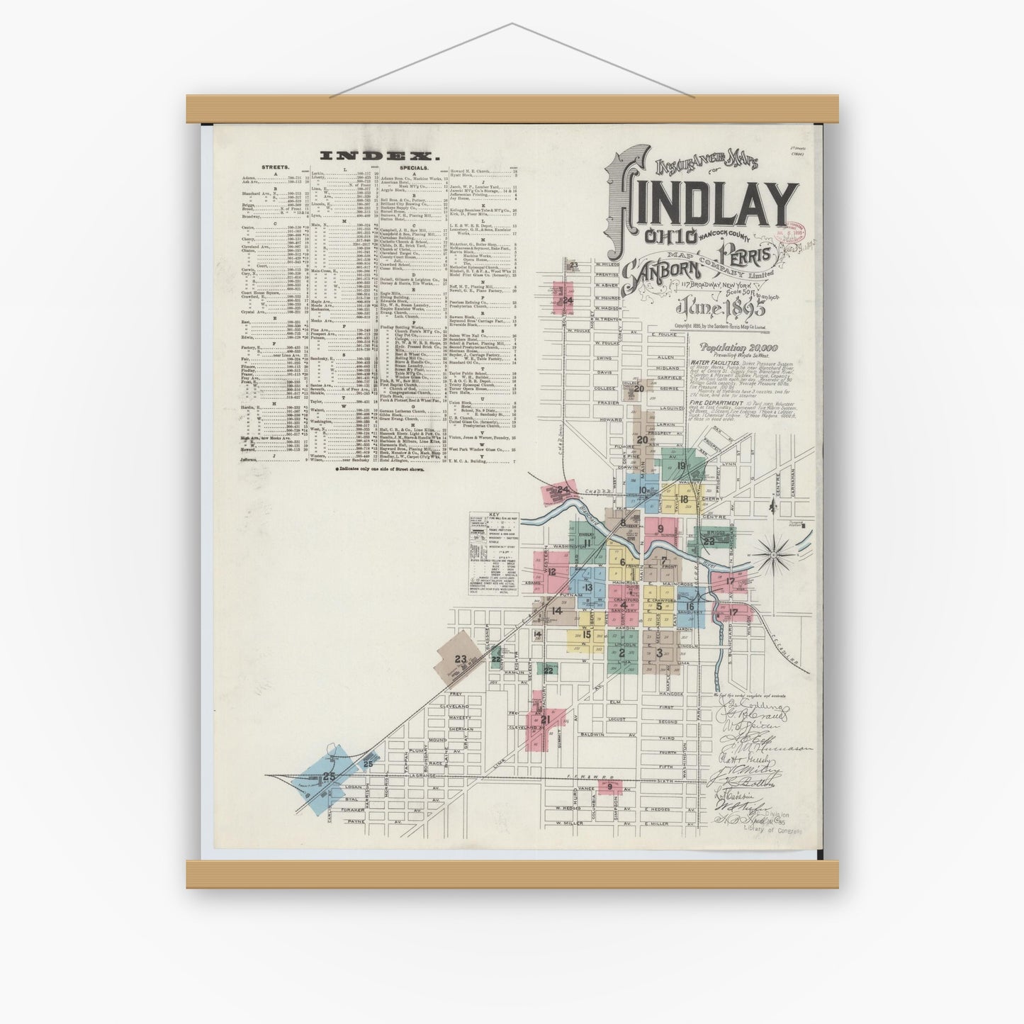 Old map wall art mockup — magnetic wood frame on white wall — Sanborn Fire Insurance Map from Findlay, Hancock County, Ohio (1895), Sheet #0001