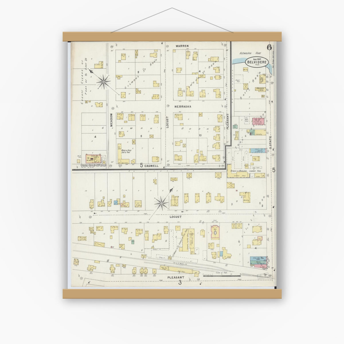 Old map wall art mockup — magnetic wood frame on white wall — Sanborn Fire Insurance Map from Belvidere, Boone County, Illinois (1897), Sheet #0006