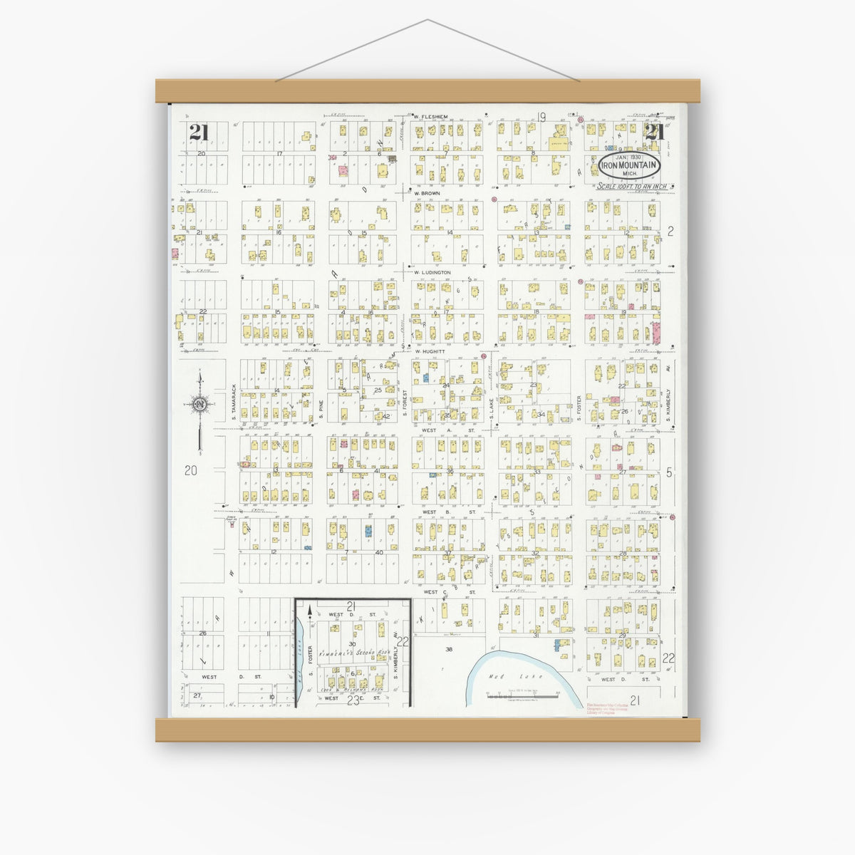 Old map wall art mockup — magnetic wood frame on white wall — Sanborn Fire Insurance Map from Iron Mountain, Dickinson County, Michigan (1930), Sheet #0021