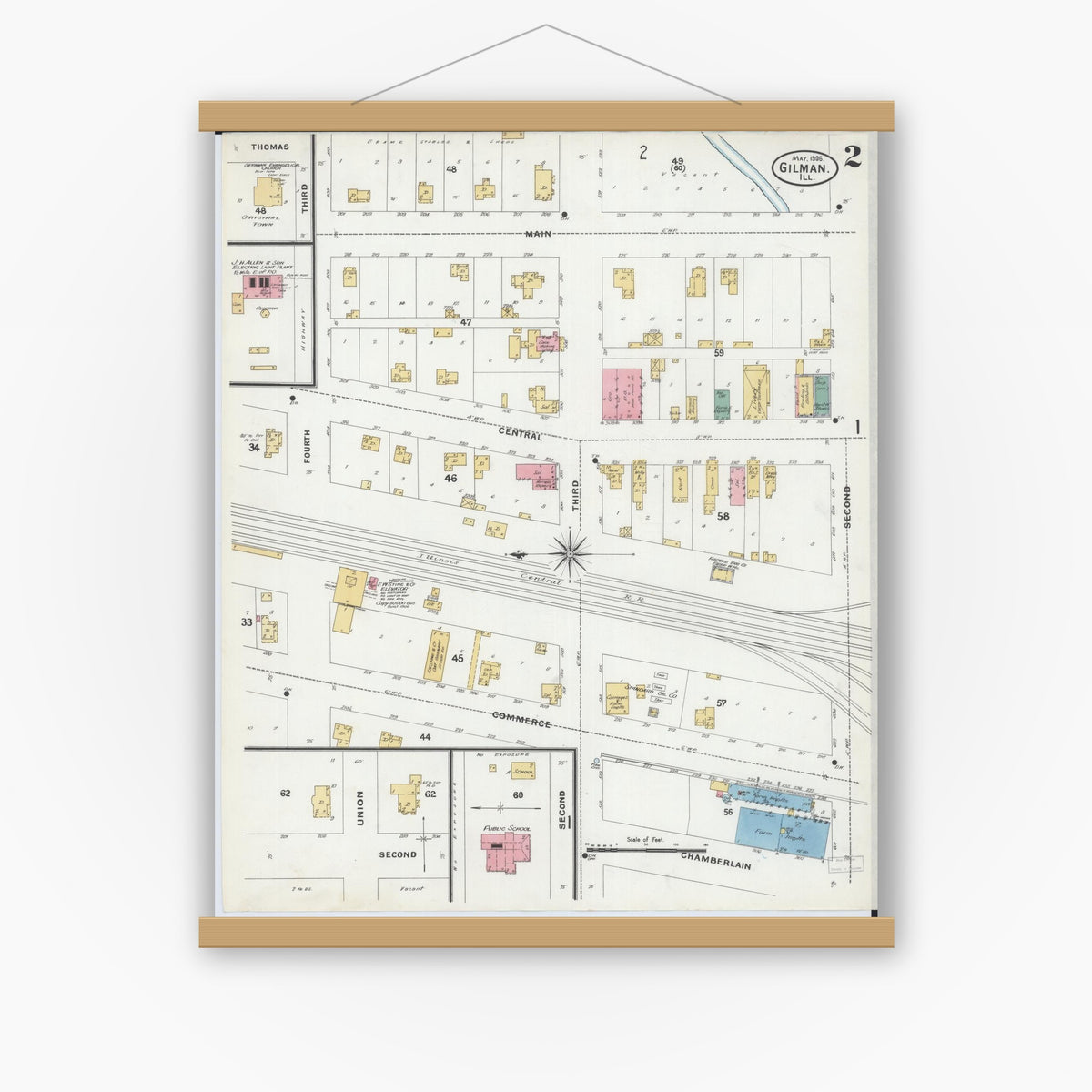 Old map wall art mockup — magnetic wood frame on white wall — Sanborn Fire Insurance Map from Gilman, Iroquois County, Illinois (1906), Sheet #0002