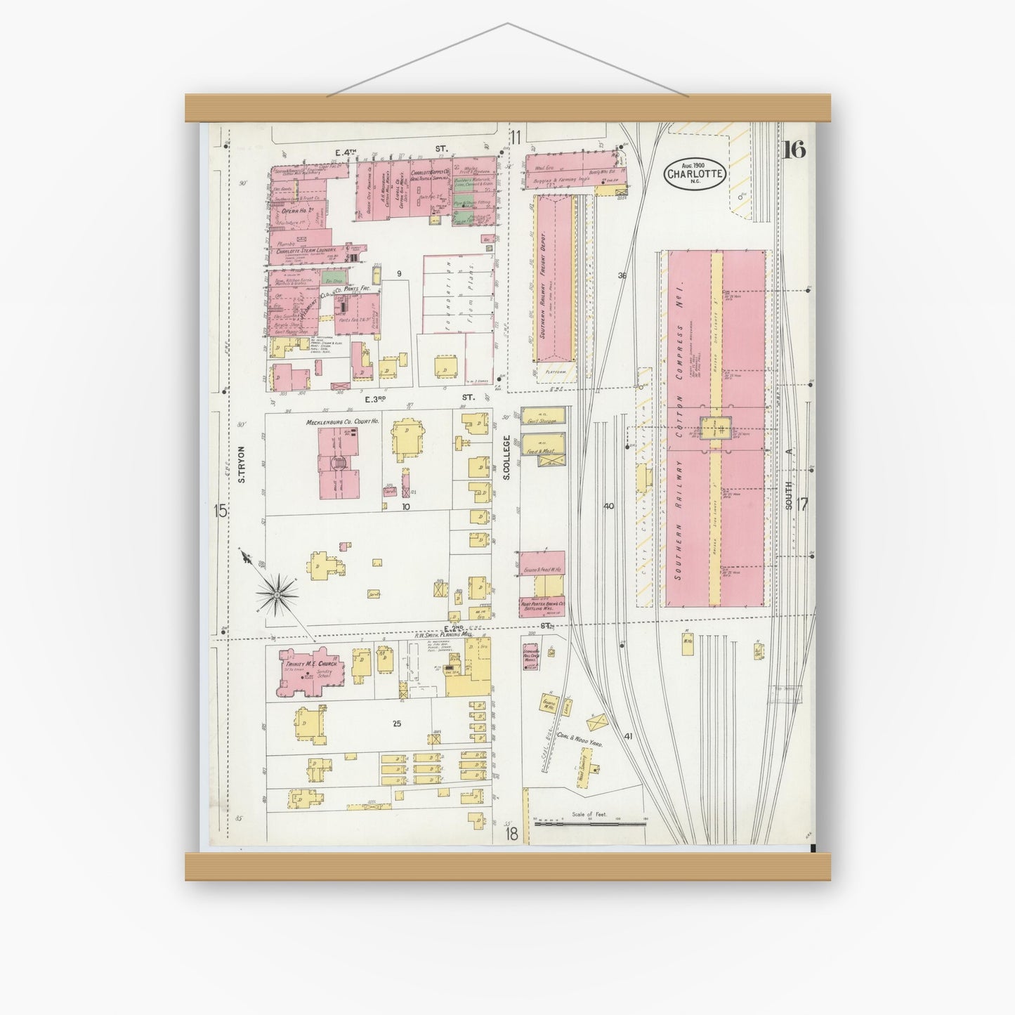 Old map wall art mockup — magnetic wood frame on white wall — Sanborn Fire Insurance Map from Charlotte, Mecklenburg County, North Carolina (1900), Sheet #0016