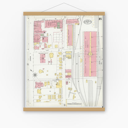 Old map wall art mockup — magnetic wood frame on white wall — Sanborn Fire Insurance Map from Charlotte, Mecklenburg County, North Carolina (1900), Sheet #0016