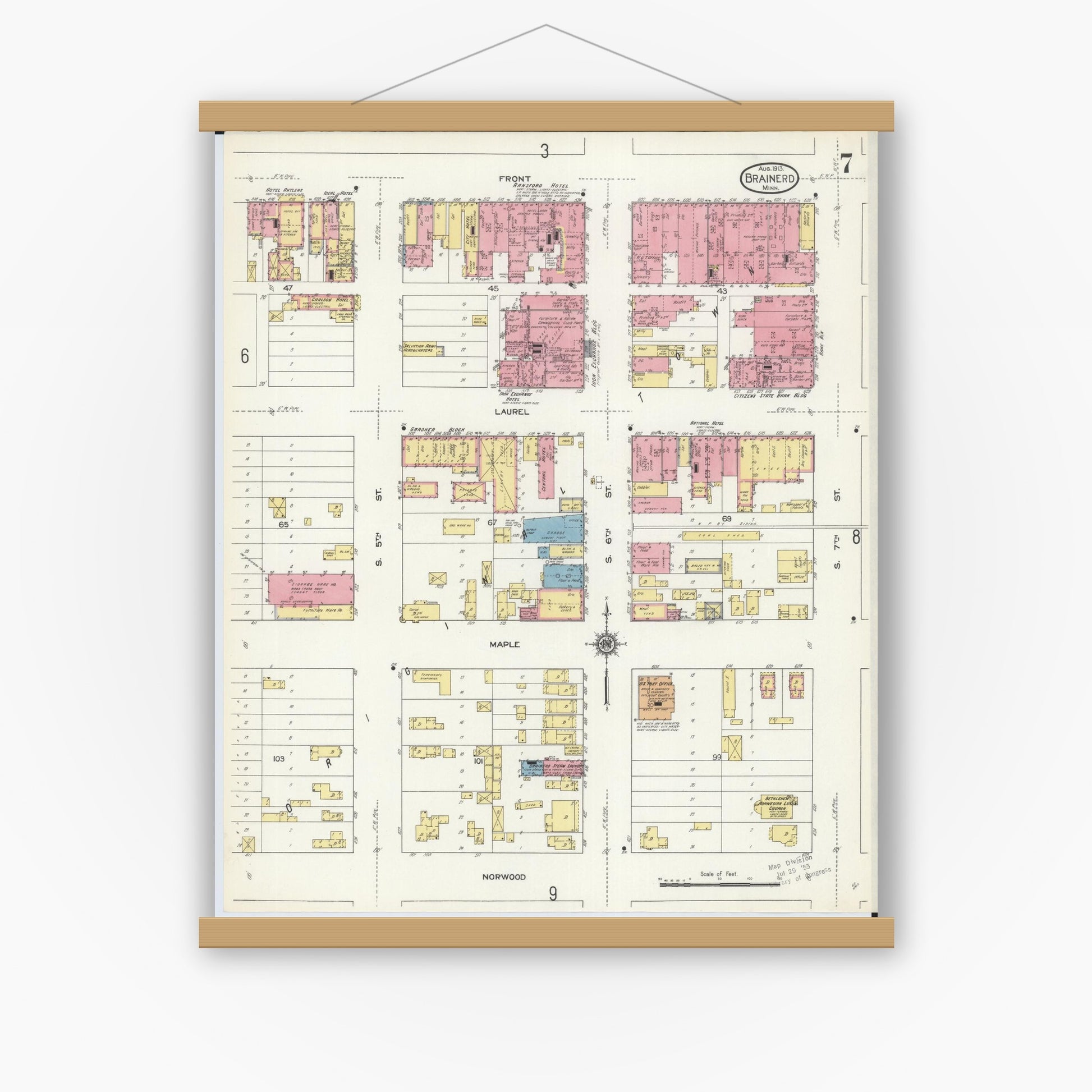 Old map wall art mockup — magnetic wood frame on white wall — Sanborn Fire Insurance Map from Brainerd, Crow Wing County, Minnesota (1913), Sheet #0007