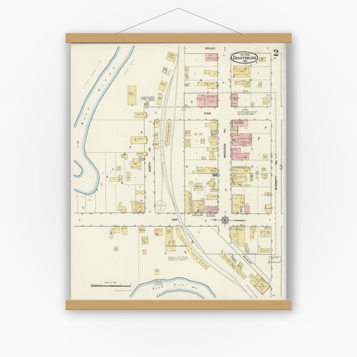 Old map wall art mockup — magnetic wood frame on white wall — Sanborn Fire Insurance Map from Grantsburg, Burnett County, Wisconsin (1916), Sheet #0002