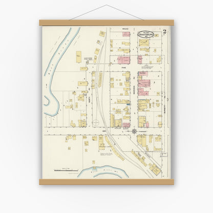 Old map wall art mockup — magnetic wood frame on white wall — Sanborn Fire Insurance Map from Grantsburg, Burnett County, Wisconsin (1916), Sheet #0002